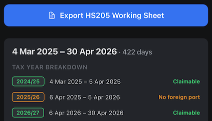 SeaClaim eligible period screen showing HS205 export button, tax year breakdown, and claimable status